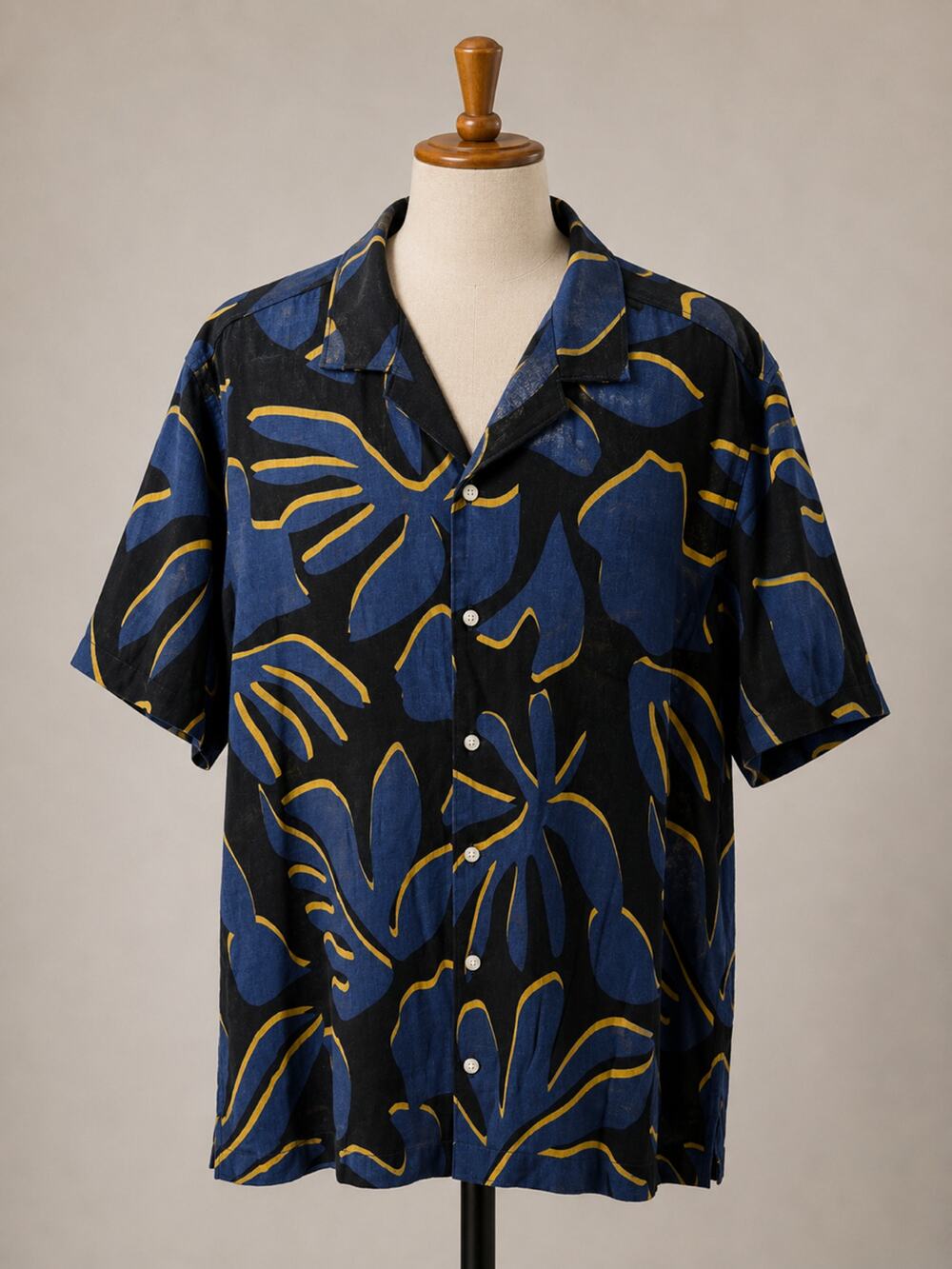 Hawaiian Linen Blend Camp Shirt Tropical Leaf Print Black Blue Resort Mens L
